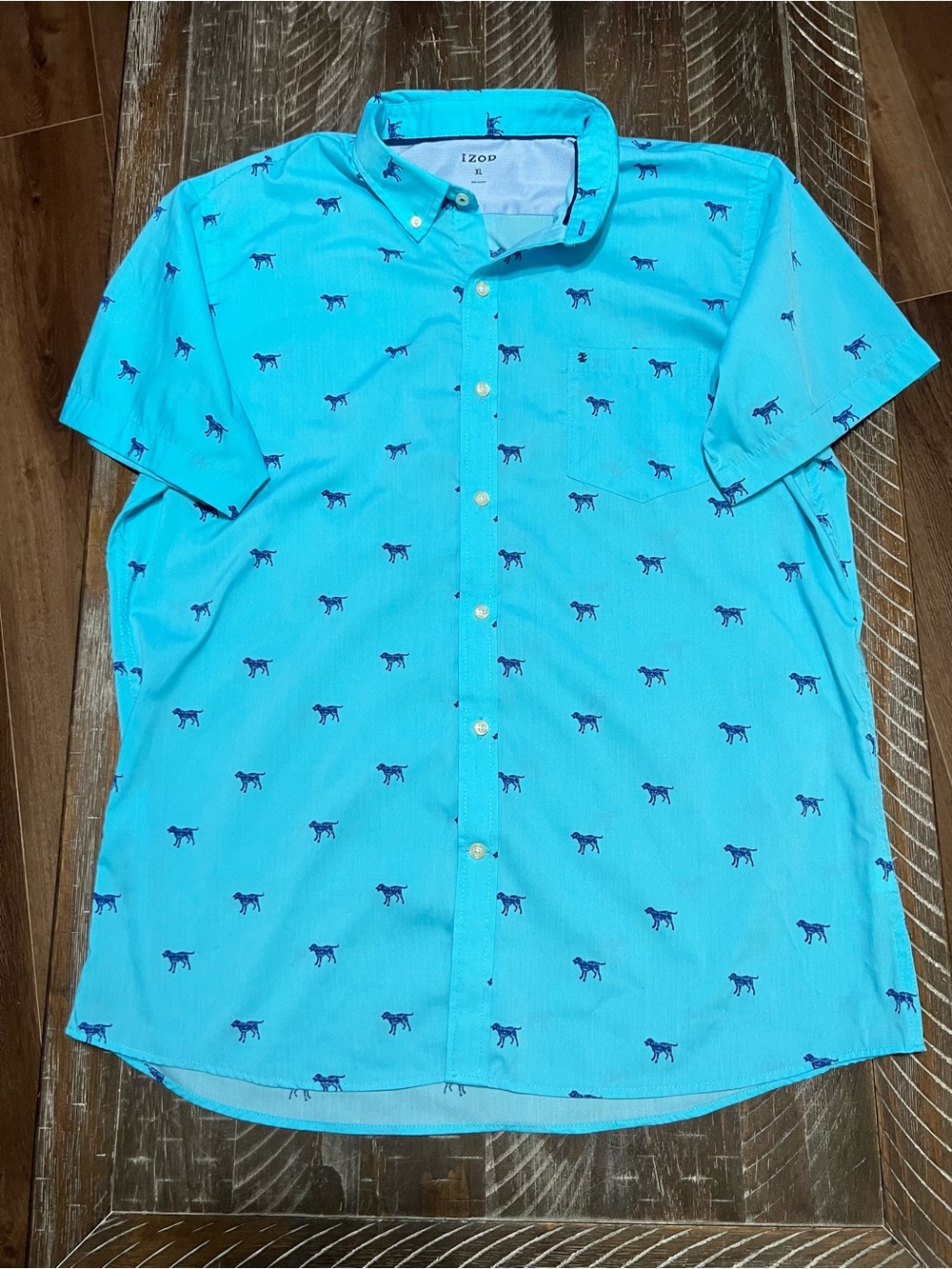 Izod Turquoise Short-Sleeve Button-Down Shirt with Navy Dog Print